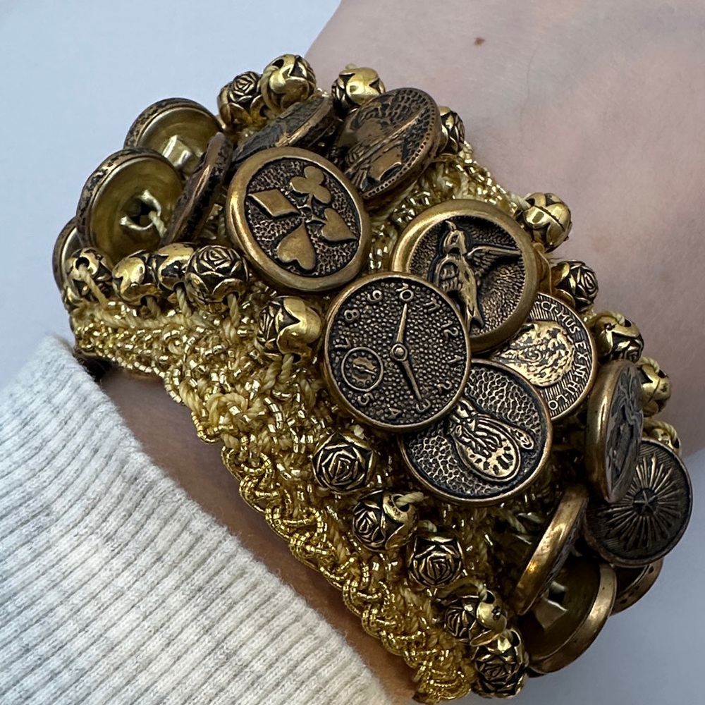 Vintage Brass Button Stretch Cuff Bracelet